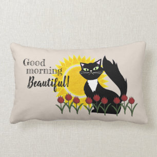 Almofada Lombar Bom Dia Linda! Gato com Sol e Tulipas