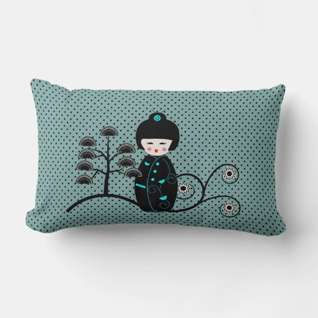 Almofada Lombar Boneca Japonesa Bolinhas Negra e Azul (Frente)