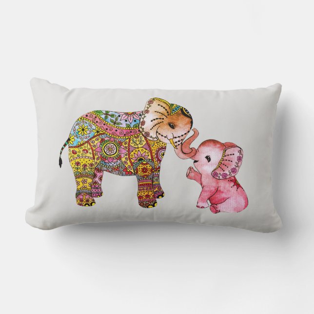 Almofada Lombar Bonito Boho Aquarela Mãe e Elefante Bebê (Frente)