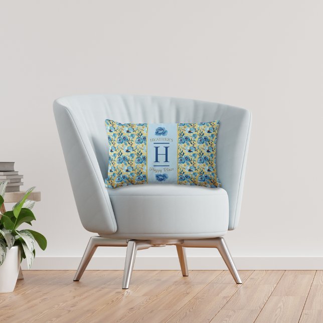 Almofada Lombar Bonito Monograma Azul Dourado Campo Rosa Feliz (Criador carregado)