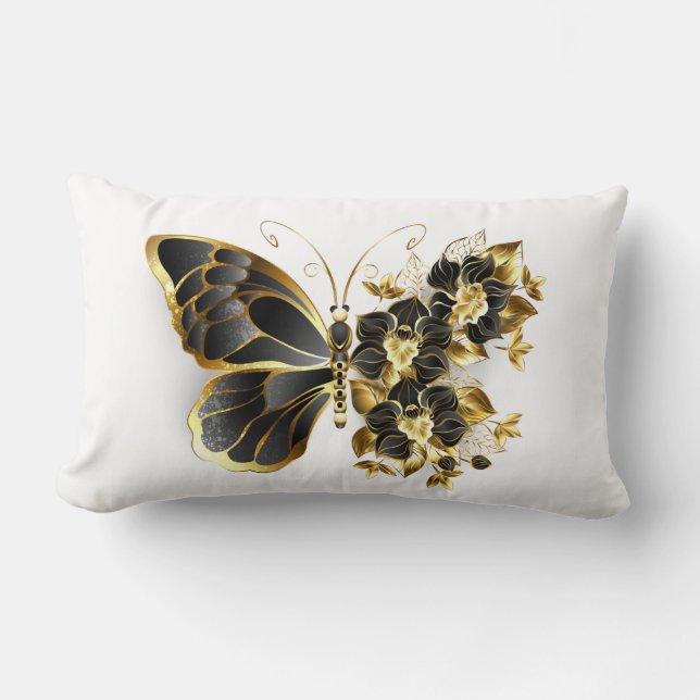 Almofada Lombar Borboleta Flor Dourada com Orquídea Preta (Frente)