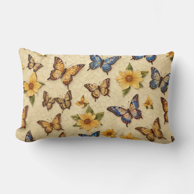 Almofada Lombar Borboletas E Flores Mosaico Amarelo (Frente)