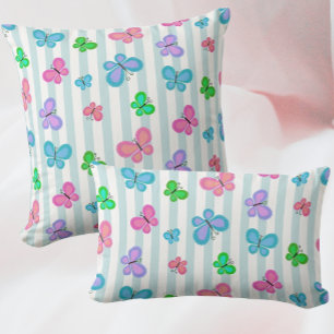 Almofada Lombar Borboletas Pastel Quilty em Listra Azul e Branco