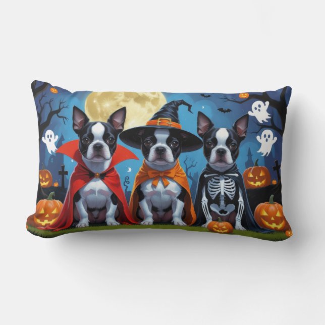 Almofada Lombar Boston Terrier Dogs Pumpkin Halloween Engraçado (Frente)