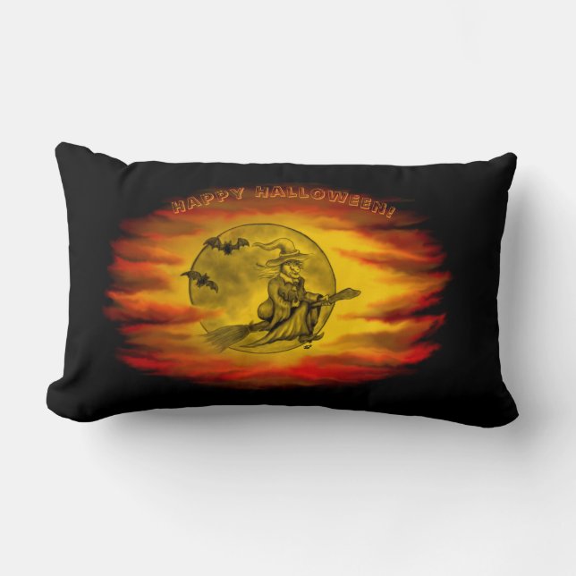 Almofada Lombar bruxa voadora com gato preto, noite de halloween (Frente)
