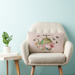 Almofada Lombar Bule de Chá Festa Rosa Floral e Borboletas