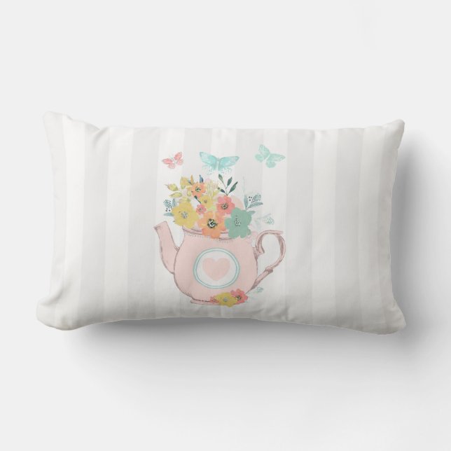 Almofada Lombar Bule rosa com flores e borboletas (Frente)