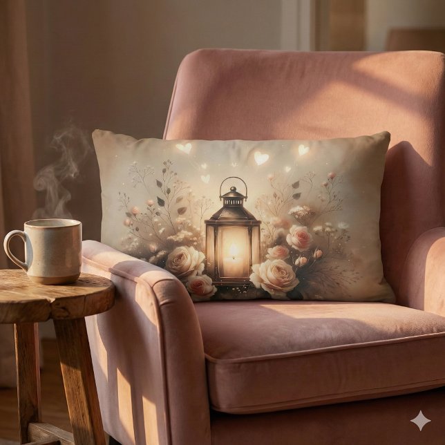 Almofada Lombar Buquê de Rosas Lanterna Brilhante (Rose Lantern Glow Bouquet Lumbar Pillow Mockup A)