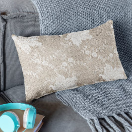 Almofada Lombar Burlap bege bege-cinzento-russo e renda branca