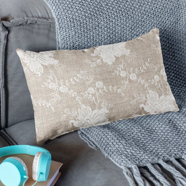 Almofada Lombar Burlap bege bege-cinzento-russo e renda branca (Criador carregado)