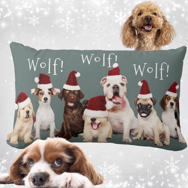 Almofada Lombar Cachorros bonitos com chapéus de Natal (Cute Dogs - Christmas Santa Hats Lumbar Pillow)