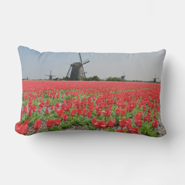 Almofada Lombar Campo vermelho das tulipas dos moinhos de vento (Frente)