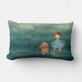 Almofada Lombar Cão da menina e do Labradoodle na chuva