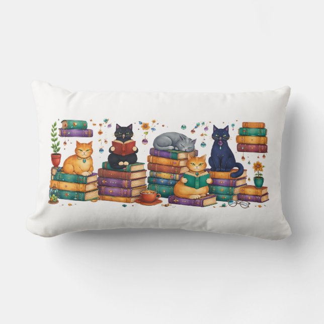 Almofada Lombar Cats Reading Books Cozy Library Scene (Frente)