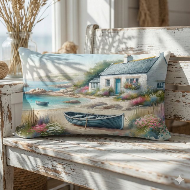 Almofada Lombar Cena à Beira-Mar Aquarela de Casa de Praia (Coastal Cottage Watercolor Seaside Scene Lumbar Pillow Mockup A)