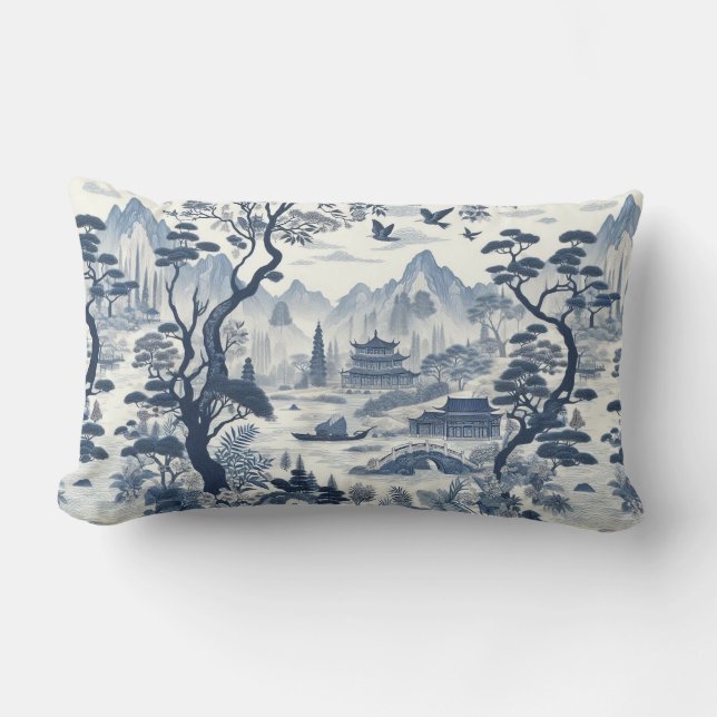 Almofada Lombar Cena Azul e Branca de Chinoiserie Elegante Pagoda (Frente)