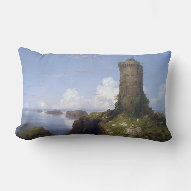Almofada Lombar Cena Costeira Italiana com Torre Arruinada (Frente)