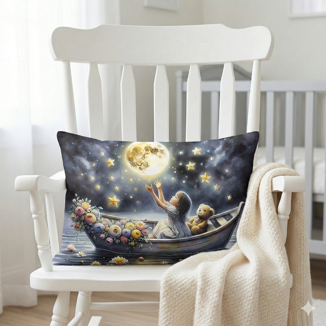 Almofada Lombar Cena de Fantasia Sonhadora da Lua para Menina Capr (Whimsical Girl Moon Dream Fantasy Scene Lumbar Pillow Mockup A.)