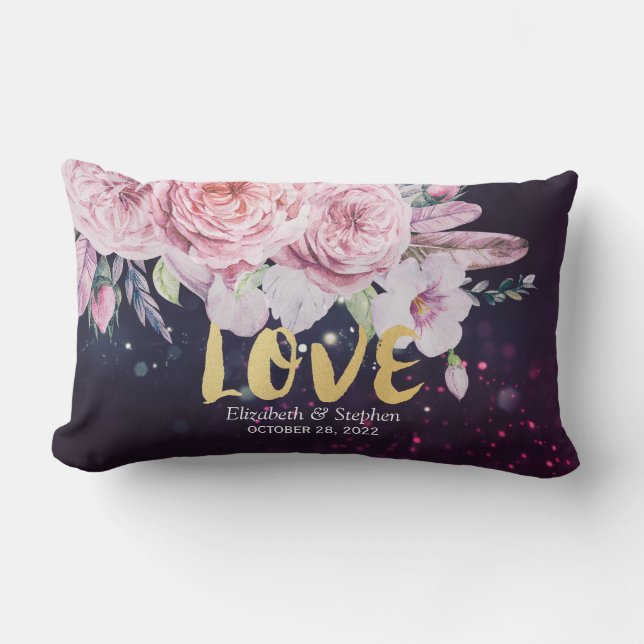 Almofada Lombar Chá de casamento Boho Floral Feather & Purple Ligh (Frente)