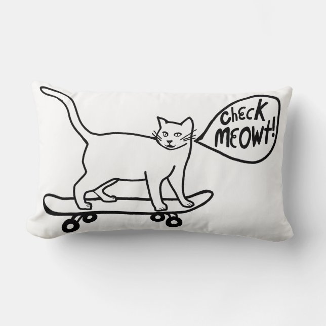 Almofada Lombar Check Meowt Punny Skateboard Cat Black White (Frente)