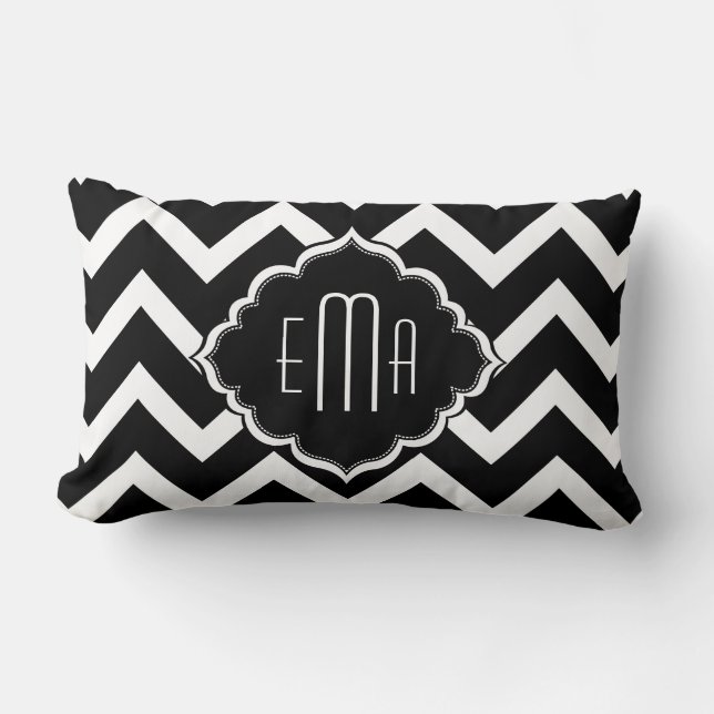 Almofada Lombar Chevron Zigzag Branco E Preto Monograma (Frente)