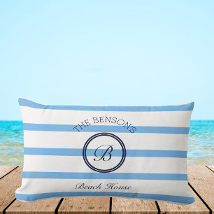 Almofada Lombar Chic Blue Stripes Monograma Family Beach House