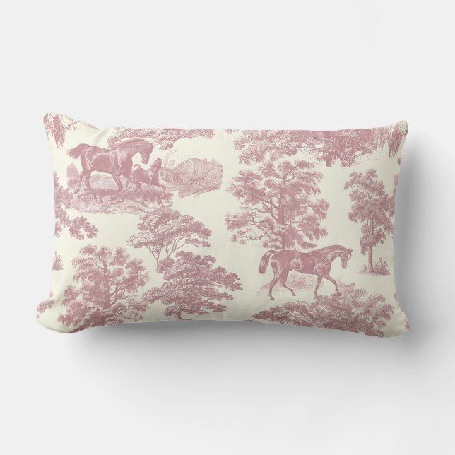 Almofada Lombar Chic Pink Horses Clássico Elegante Toile Country (Frente)