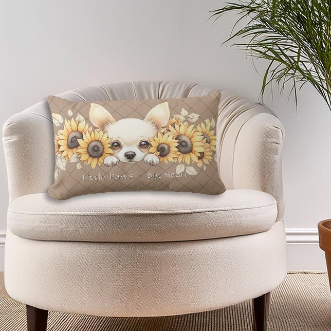 Almofada Lombar Chihuahua Sunflower Travesseiro decorativo Floral (Chihuahua Sunflowers Floral Throw Pillow to personalize for dog loving friends and family, and you!)