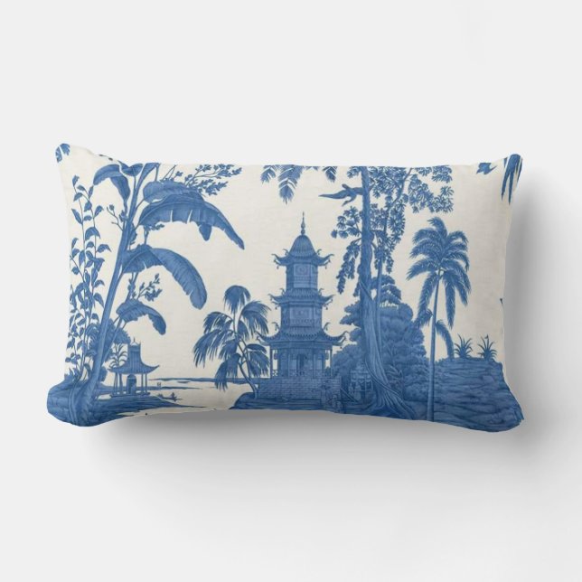 Almofada Lombar Chinoiserie Oriental Azul e Branca (Frente)