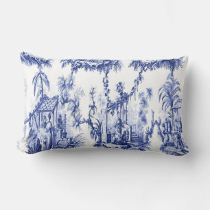 Almofada Lombar Chinoiserie Oriental Azul e Branca