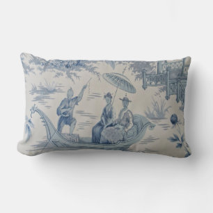 Almofada Lombar Chinoiserie Oriental Azul e Branca