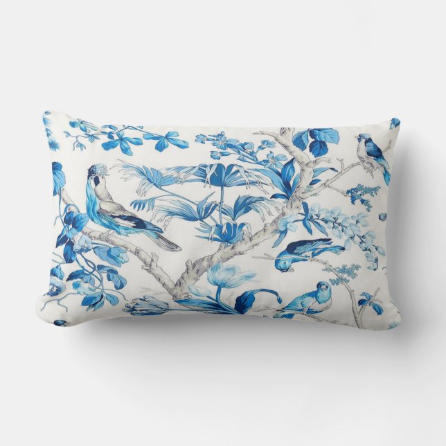 Almofada Lombar Chinoiserie Oriental de Pássaro Azul e Branco (Frente)
