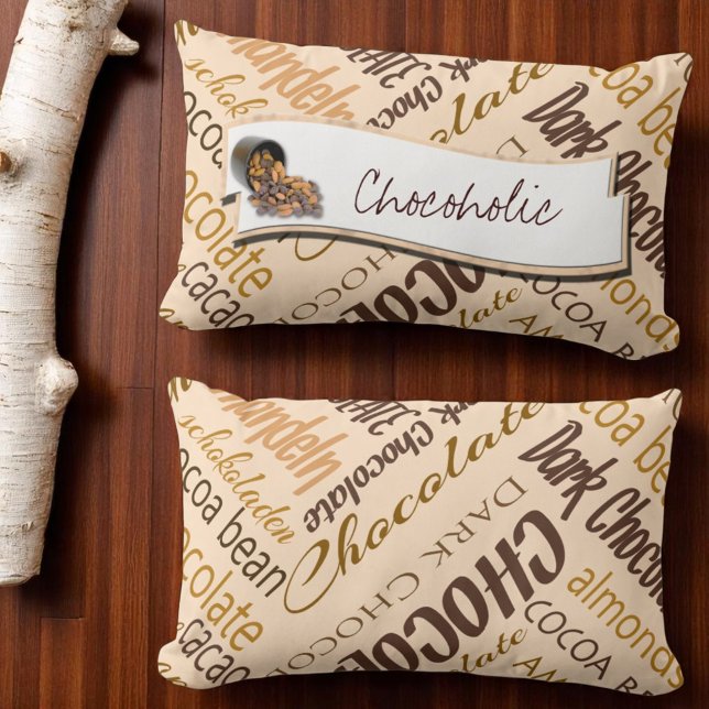 Almofada Lombar Chocolate, amêndoas e Design de texto de chocolate (front template and back word cloud only pillow)
