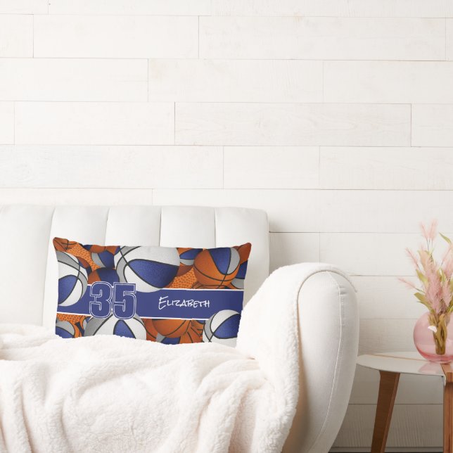 Almofada Lombar cinza azul muitas bolas de basquete crianças sala  (Sofá)