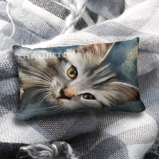 Almofada Lombar Cinza Azul Puro Tabby Cat Travesseiro (A lovely pillow featuring an original painting of a tabby cat and your custom text)