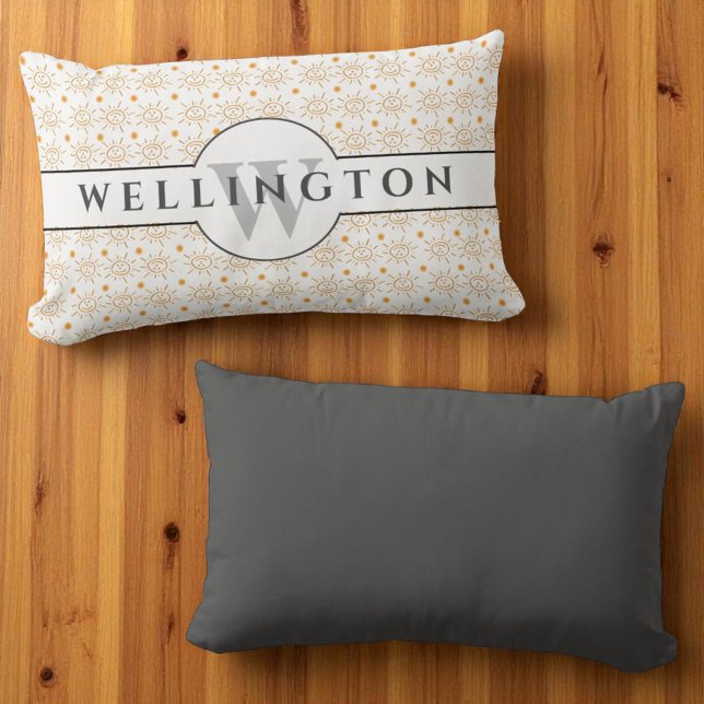 Almofada Lombar Cinza Diversão Nome do Monograma Dobra Sol (front and back monogram template lumbar pillow)