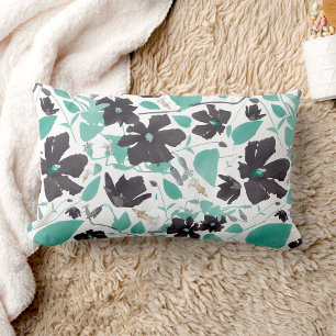 Almofada Lombar Cinza Pintada Teal Watercolor Clematis Vine Floral