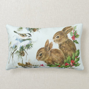 Almofada Lombar Coelhos bonitos com as bagas do azevinho do Natal