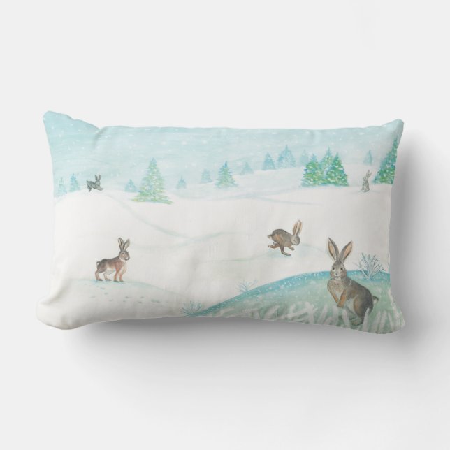 Almofada Lombar Coelhos Sentados E Pulando Na Neve (Frente)