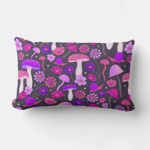 Almofada Lombar Cogumelos Florais Retro Rosa, Puro e Preto