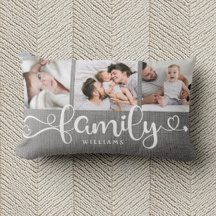 Almofada Lombar Colagem de Fotos Rustic Linen 3 do Script da Famí