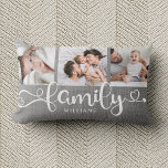 Almofada Lombar Colagem de Fotos Rustic Linen 3 do Script da Famíl<br><div class="desc">Travesseiro moderno personalizado de colagem de fotos com espaço para 3 fotos ao redor de um script giro de tendências lendo FAMILY e seu nome personalizado abaixo. Esta é a versão da fazenda com uma pincelada de roupa impressa com cinza.</div>
