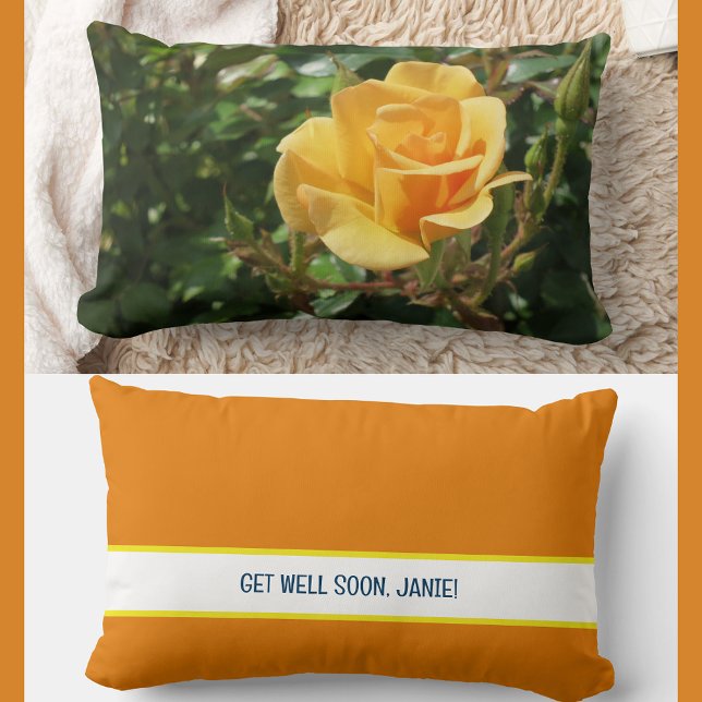 Almofada Lombar Colega de Trabalho Personalizado, Rosa Amarela (Modern, elegant Get Well Soon personalized name accent pillow coworker friend. Photo of  yellow rose)