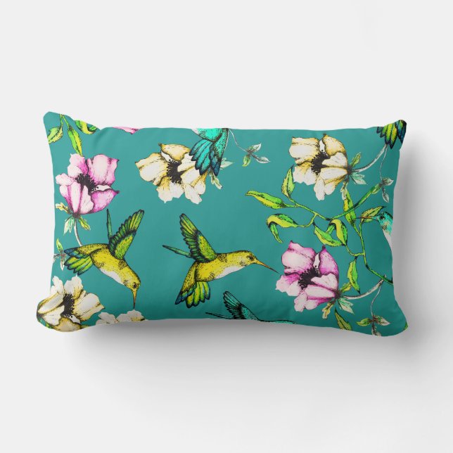 Almofada Lombar Colibris & flores Enchanted da aguarela do jardim (Frente)