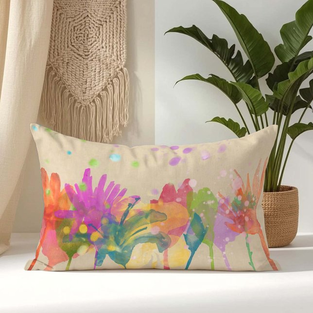 Almofada Lombar Colorful Watercolor Flowers on Beige (Criador carregado)