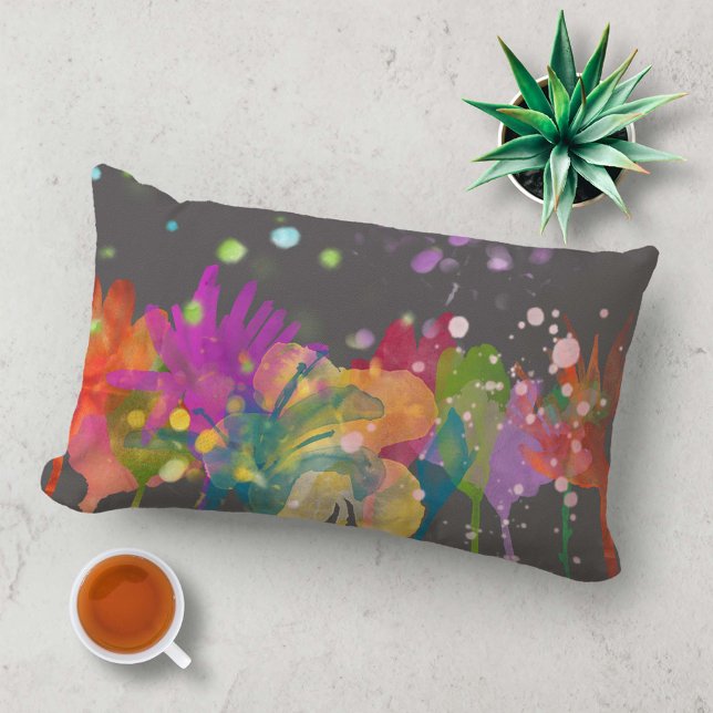 Almofada Lombar Colorful Watercolor Flowers on Dark Gray (Criador carregado)