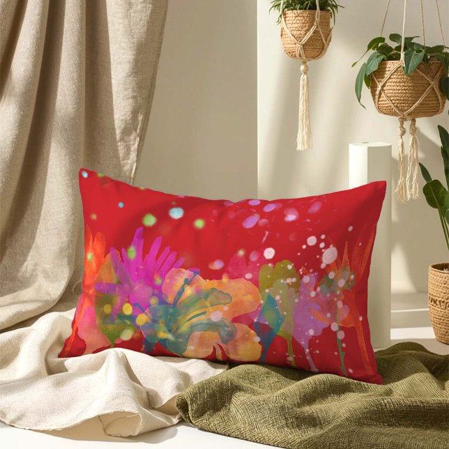 Almofada Lombar Colorful Watercolor Flowers on Red (Criador carregado)
