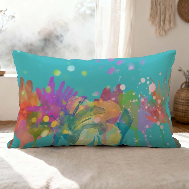 Almofada Lombar Colorful Watercolor Flowers on Turquoise (Criador carregado)