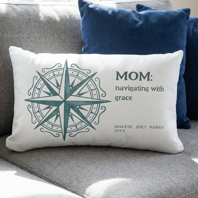Almofada Lombar Compass Rose Mom Quote Nautical Heritage (Nautical Mom pillow with Family Names - perfect for mother's day, birthday or just because!)