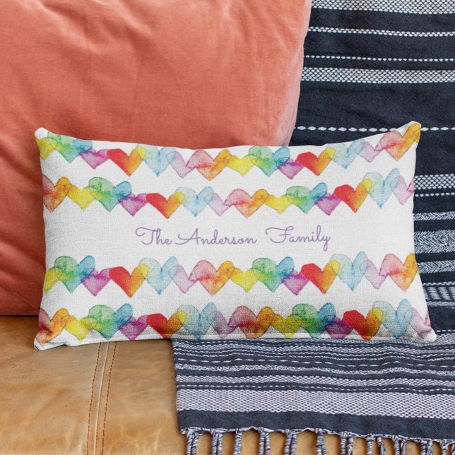 Almofada Lombar Corações de Aquarela Moderna Personalizados (Home is where the heart pillow is! Rainbow hand-painted hearts complete the boho look.)